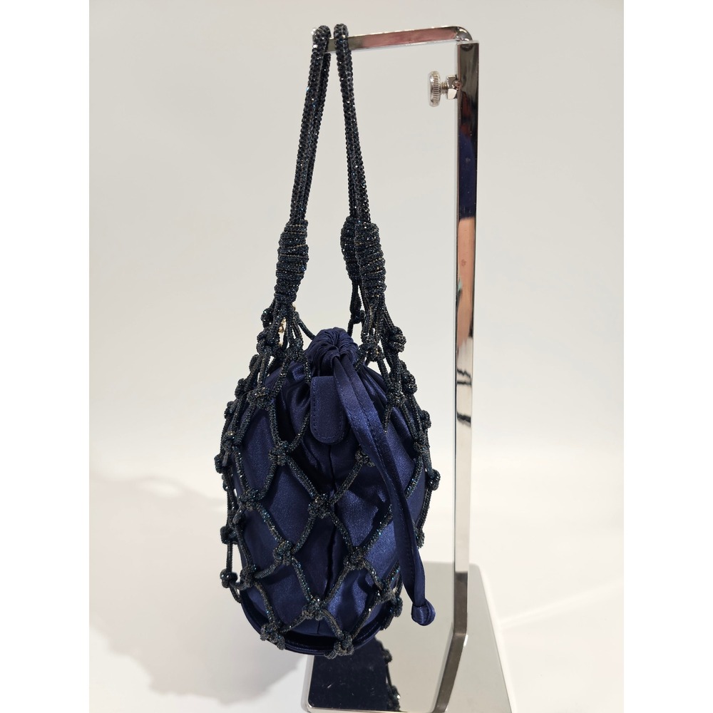 Judith Leiber Couture Sparkle Net Pouch Bag Bucket Navy Satin Mesh Evening EUC - Picture 8 of 13